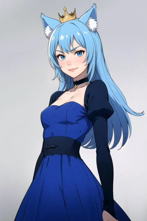 cowboy shot, evil smile BREAK light blue hair, blue eyes, long hair, cat ears BREAK crown, blue choker, blue dress BREAK (simple background, grey background:1.2) <lora:Fairy_Queen_VRMMO-2:0.8>