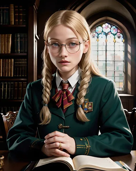 Chz-OliviaTD, 8k, close-up RAW photo of 1girl as a real-life student wizard, (wearing Hogwarts Academy uniforms:1.3), glasses, finishing a ritual summoning in an old library, (meticulously-detailed, Ultra-HD-realistic:1.3), (perfect eyes, masterpiece, best quality:1.5),