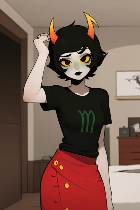 masterpiece, best quality, 1girl, kanaya, colored skin, black eyes, yellow sclera, black hair, short hair, horns, fangs, closed mouth, black lipstick, black shirt, red skirt, solo, indoors, bedroom background <lora:KanayaMaryam:1>