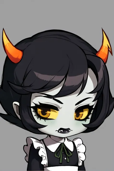 masterpiece, best quality, 1girl, kanaya, colored skin, black eyes, yellow sclera, black hair, short hair, horns, fangs, closed mouth, black lipstick, maid outfit, chibi, simple background <lora:KanayaMaryam:1> <lora:maplestory_LoCon:1>
