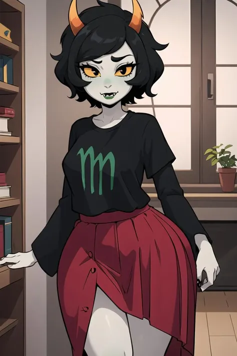 masterpiece, best quality, 1girl, solo, ((kanaya)), colored skin, black eyes, yellow sclera, black hair, short hair, horns, fangs, closed mouth, black lipstick, <lora:KanayaMaryam:0.7>, thick thighs, wide hips, indoors, standing, red skirt, long skirt, <lora:Exposure_control:-1.0>