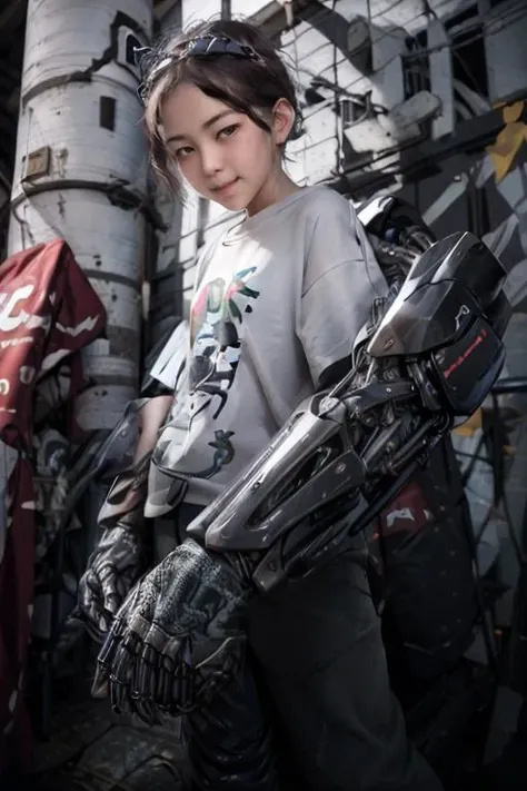 (Best quality, 8k, 32k, Masterpiece, UHD:1.2),
(original: 1.2), (realistic: 1.3) ,ultra high res, raw photo, best quality, cinematic light, Go Pro, uhd, intricate details, film grain, dreamlike,
Photo of kid playing in favela with mechanical arms as amputee, 1girl,upper body, face shot,
<lora:sd-No.171:0.2>, extreme close-up,
(downcast look:2),(looking down:1),grin,shy,symmetry eyes, perfect face,
T-shirt,district-9,star wars,gun mu, akira,
<lora:LowRA:0.5> <lora:flat2:-0.4>, <lora:buzzcut_hairstyle:0.3> <lora:mechanicalarms:1>,mechanical arms