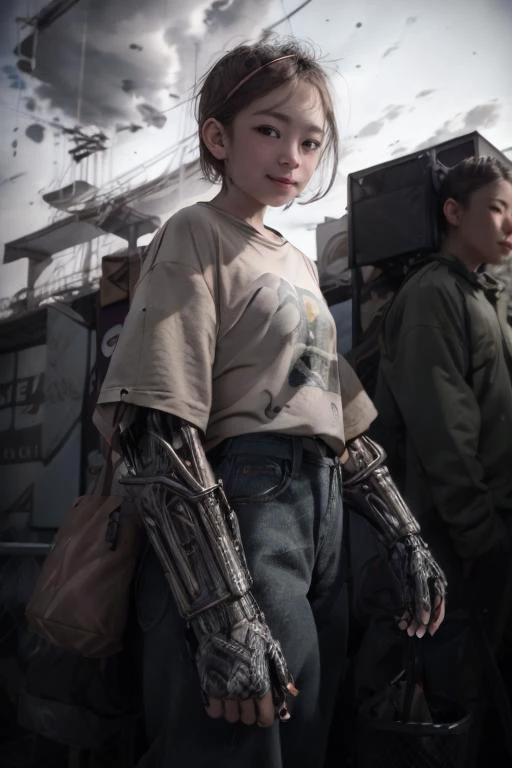 (Best quality, 8k, 32k, Masterpiece, UHD:1.2),
(original: 1.2), (realistic: 1.3) ,ultra high res, raw photo, best quality, cinematic light, Go Pro, uhd, intricate details, film grain, dreamlike,
Photo of kid playing in favela with mechanical arms as amputee, 1girl,upper body, face shot,
<lora:sd-No.171:0.2>, extreme close-up,
(downcast look:2),(looking down:1),grin,shy,symmetry eyes, perfect face,
T-shirt,district-9,star wars,gun mu, akira,
<lora:LowRA:0.5> <lora:flat2:-0.4>, <lora:buzzcut_hairstyle:0.3> <lora:mechanicalarms:1>,mechanical arms