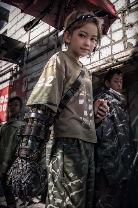 (Best quality, 8k, 32k, Masterpiece, UHD:1.2),
(original: 1.2), (realistic: 1.3) ,ultra high res, raw photo, best quality, cinematic light, Go Pro, uhd, intricate details, film grain, dreamlike,
Photo of kid playing in favela with mechanical arms as amputee, 1girl,upper body, face shot,
<lora:sd-No.171:0.2>, extreme close-up,
(downcast look:2),(looking down:1),grin,shy,symmetry eyes, perfect face,
T-shirt,district-9,star wars,gun mu, akira,
<lora:LowRA:0.5> <lora:flat2:-0.4>, <lora:buzzcut_hairstyle:0.3> <lora:mechanicalarms:1>,mechanical arms