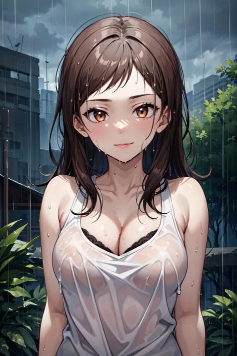 (masterpiece, best quality, ultra detailed), (perfect face, detailed face), (detailed background, complex background:1.2),
8k,best quality, highres, upper body, looking at viewer, smile, outdoor, potrait, vicible bra, wet clother, (rain:1.3),
<lora:KitazawaShiho:0.7> KitazawaShiho, 1girl, tank top, cleavage, arms behind back, bra peek, <lora:bra_peek:1>