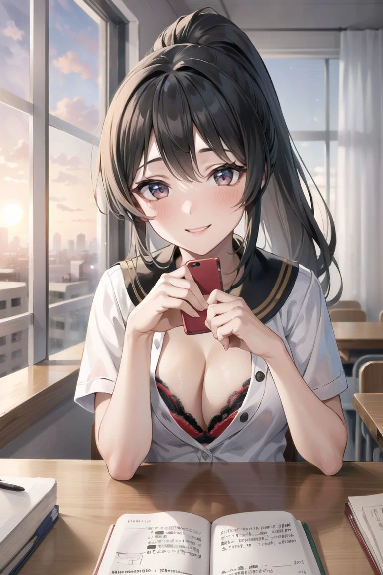 masterpiece, best quality, sunset, cowboy shot, 1girl, black hair, long hair, high ponytail, medium breasts, fit body, looking at viewer, blush, big smile,
<lora:concept-pov_across_table-v1-000008:0.75>, pov across table, sitting on the chair,
white sailor fuku, <lora:bra_peek:0.95>, bra peek, cleavage, red bra,
windows, in the classroom, modern city,