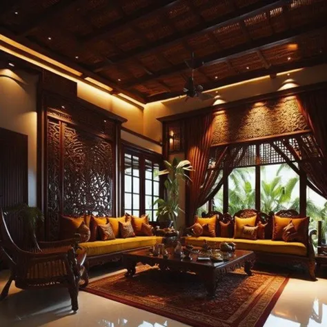 <lyco:Indonesian_style_interior_design_Sa_May:1.0> Indonesian style interior design of living room