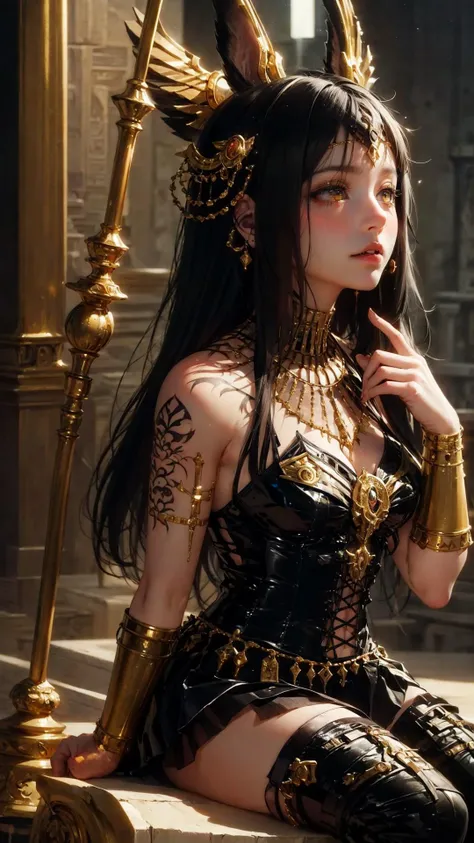 (masterpiece, top quality, best quality, official art, beautiful and aesthetic:1.3), (1girl:1.3), extreme detailed, colorful, highest detailed,((ultra-detailed)), (highly detailed CG illustration), ((an extremely delicate and beautiful)), cinematic light, petite, anubis attire, solo, (abstract art:1), full body, moon, night, ((ancient egyptian theme)), (anubis ears), pyramids, staff, (gold), golden ornaments, ((expressionless)), pharao, hierography, portrait, body tattoo, face tattoo, active pose, over head lighting, fangs, glowing eyes, sitting, relics,
,tutututu, black short sleeveless dress, see-through,
<lora:tutuxem_0008:0.7>