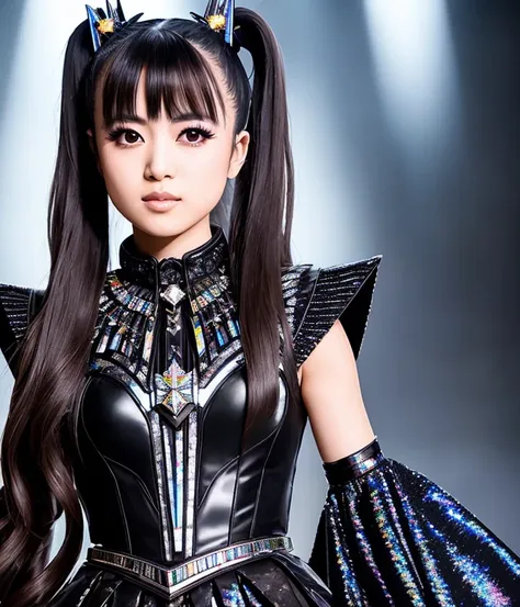 RAW photo, hyper real photo of moametal japanese woman with with twintails hair in black dress with iridescent reflections sequined outfit that glimmers in the light, futuristic gothic style, black lether and steel studs, space galaxy in background, metal rock music concert, heavy metal style, pixiv contest winner, precisionism, official art, high resolution, uhd image, best quality masterpiece, photorealistic, detailed, 8k, HDR, shallow depth of field, broad light, high contrast, dark background with ancient temple, old stone statues of fox god, backlighting, bloom, light sparkles, chromatic aberration, sharp focus, RAW color photo, film still, Film-like, bokeh, 3d, cinematic lighting, 8k resolution, Nikon 85mm, Award Winning, Glamour Photograph, extremely detailed, high quality, film grain  <lora:MoaMetal:1>