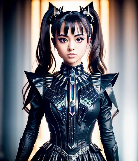 RAW photo, hyper real photo of moametal2 person with twintails hair in black dress with iridescent sequined outfit that glimmers in the light reflections, Perfect hands, solo, , futuristic gothic style, black lether and steel studs, a music album cover, space galaxy in background, metal rock music concert, heavy metal style, pixiv contest winner, precisionism, official art, high resolution, uhd image, best quality masterpiece, photorealistic, detailed, 8k, HDR, shallow depth of field, broad light, high contrast, ((dark background with ancient temple)), ((old stone statues of fox god)), backlighting, bloom, light sparkles, chromatic aberration, sharp focus, RAW color photo, film still, Film-like, bokeh, 3d, cinematic lighting, 8k resolution, Nikon 85mm, Award Winning, Glamour Photograph, extremely detailed, high quality, film grain <lora:MoaMetal:1>