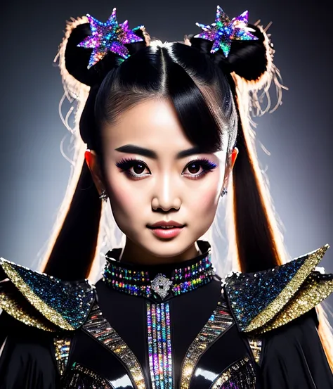 RAW photo, hyper real photo of moametal japanese woman with with twintails hair in black dress with iridescent reflections sequined outfit that glimmers in the light, futuristic gothic style, black lether and steel studs, space galaxy in background, metal rock music concert, heavy metal style, pixiv contest winner, precisionism, official art, high resolution, uhd image, best quality masterpiece, photorealistic, detailed, 8k, HDR, shallow depth of field, broad light, high contrast, dark background with ancient temple, old stone statues of fox god, backlighting, bloom, light sparkles, chromatic aberration, sharp focus, RAW color photo, film still, Film-like, bokeh, 3d, cinematic lighting, 8k resolution, Nikon 85mm, Award Winning, Glamour Photograph, extremely detailed, high quality, film grain <lora:MoaMetal:1>