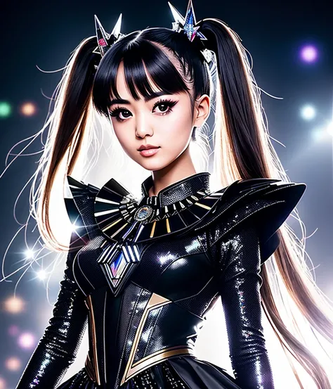 RAW photo, hyper real photo of moametal japanese woman with with twintails hair in black dress with iridescent reflections sequined outfit that glimmers in the light, futuristic gothic style, black lether and steel studs, space galaxy in background, metal rock music concert, heavy metal style, pixiv contest winner, precisionism, official art, high resolution, uhd image, best quality masterpiece, photorealistic, detailed, 8k, HDR, shallow depth of field, broad light, high contrast, dark background with ancient temple, old stone statues of fox god, backlighting, bloom, light sparkles, chromatic aberration, sharp focus, RAW color photo, film still, Film-like, bokeh, 3d, cinematic lighting, 8k resolution, Nikon 85mm, Award Winning, Glamour Photograph, extremely detailed, high quality, film grain <lora:MoaMetal:1>