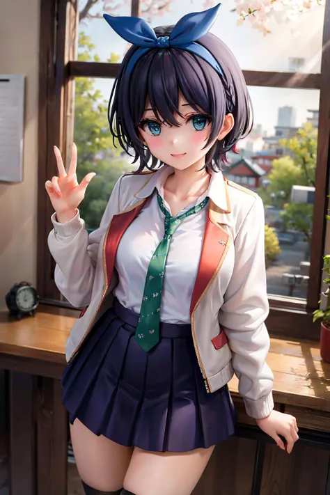 masterpiece, best quality, highres, 1girl, solo, skirt, jacket, shirt, blue eyes, white shirt, necktie, green necktie, black hair, pleated skirt, socks, diagonal-striped necktie, open jacket, open clothes, striped necktie, collared shirt, black jacket, black skirt, striped, blazer, short hair, long sleeves, bangs, school uniform, black socks, diagonal stripes, hairband, hair ribbon, ribbon, blue hairband, dress shirt, bow, <lora:sarashina_ruka_v10:0.6>, cowboy shot, smile, Japanese style apartment,
<lora:detail_slider_v4:1>,
<lora:ttchibi:0.1>,