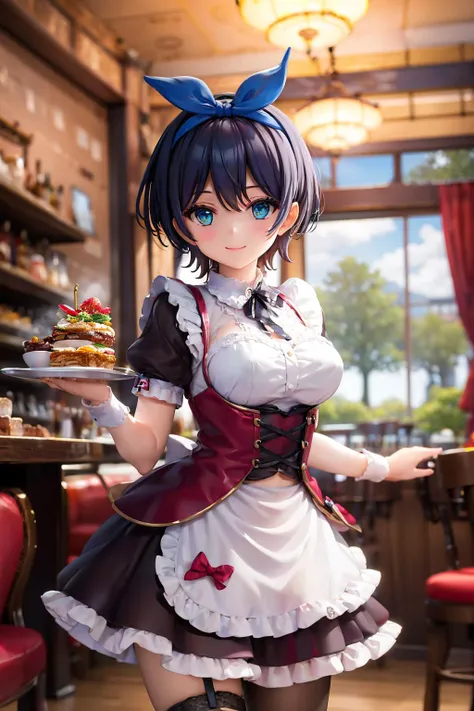 masterpiece, best quality, highres, 1girl, solo, maid outfit, blue eyes, black hair, short hair, bangs, hairband, hair ribbon, ribbon, blue hairband, bow,  <lora:sarashina_ruka_v10:0.7>, cowboy shot, smile, restaurant,
<lora:detail_slider_v4:1>,