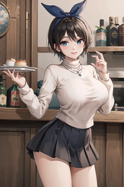 masterpiece, best quality, highres, 1girl, solo, jewelry, skirt, sweater, necklace, black skirt, black hair, short hair, ribbed sweater, socks, turtleneck sweater, turtleneck, white socks, blue eyes, long sleeves, pleated skirt, ribbon, breasts, bow, hair ribbon, hairband, hair bow, bangs, large breasts, sarashina ruka, , cowboy shot, smile, <lora:sarashinaRukaRentA_v1:0.6>