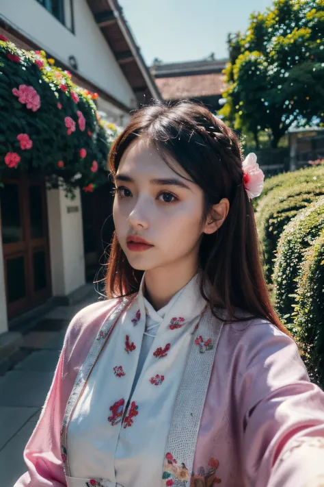 (8k, RAW photo, ultra high res, best quality, masterpiece:1.2), (realistic illustration), (extremely detailed CG unity 8k wallpaper), absurdres,
dynamic lighting, perfect lighting,1 girl,18 yo, japanese girl,beautiful face), long colorful hair, background flower garden,  nhat_binh, wearing nhat binh,  <lora:Nhatbinh_Lora-000009:0.7>