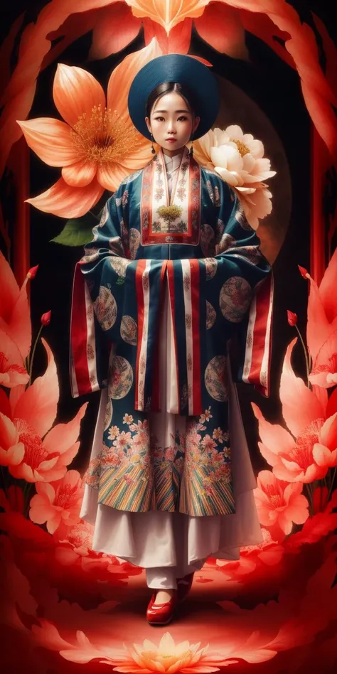 (high quality, absurdres, 8k, extremely detailed), 1girl, a woman in a colorful nhat binh, <lora:Nhatbinh_Lora-000009:0.7>, nhat_binh, wearing red nhat binh, (flower:1.3), full body, (glowing:1.2), fractals background