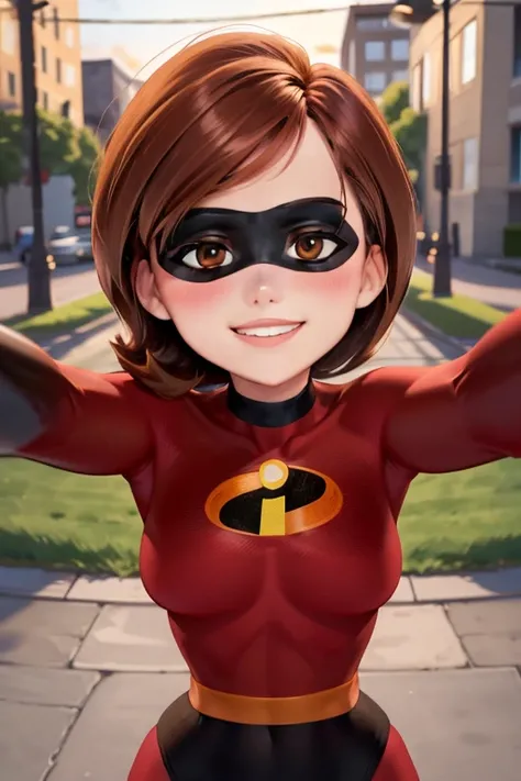 masterpiece, best quality, 1girl, helenparr, brown hair, brown eyes, domino mask, bodysuit, smile, kabedonpov, blush, upper body, looking at viewer, solo, outdoors <lora:GrabbingViewer:0.8> <lora:HelenParr:0.8>