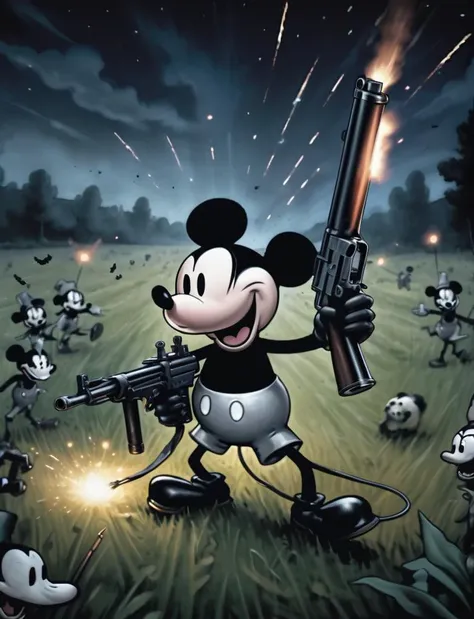 mickey mouse in steamboat willie style shooting a Thompson submachine gun in a field at night, dark and creepy, muzzle flash, laughing manically, crazed, <lora:Steamboat_Willie_Style_XL:0.7>