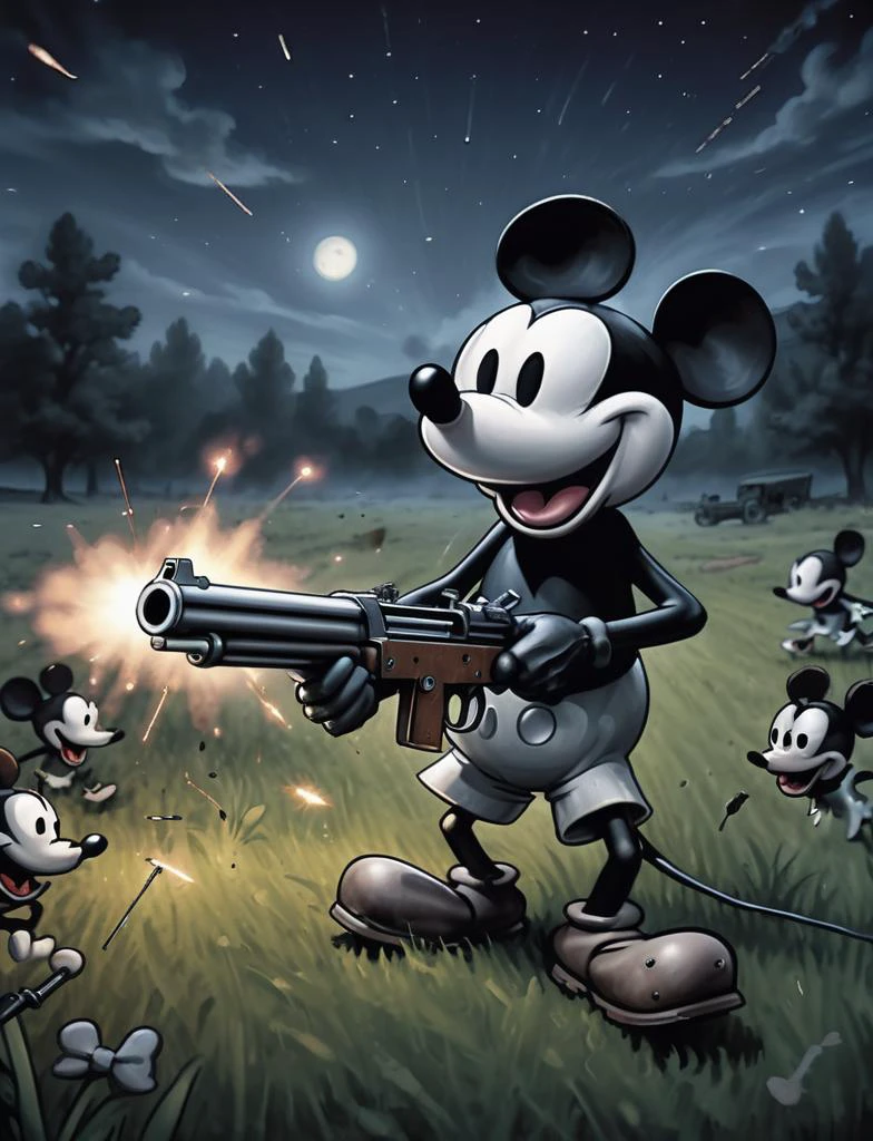 mickey mouse in steamboat willie style shooting a Thompson submachine gun in a field at night, dark and creepy, muzzle flash, laughing manically, crazed, <lora:Steamboat_Willie_Style_XL:0.7>