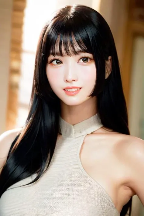 (RAW photo, best quality), (realistic),photo, best quality ,masterpiece, an extremely delicate and beautiful, extremely detailed, CG ,unity, 2k wallpaper, finely detail, masterpiece, best quality, huge filesize, ultra-detailed, highres, extremely detailed, 1girl, solo, slim body,(white crop top), bare shoulder, bangs, upper body, portrait, porcelain skin, 1girl, solo, ((black hair), brown eyes, looking at viewer, long hair, realistic, extremely detailed face, extremely detailed eyes, ((smiling)), closed mouth, twmomo, momoring,  <lora:xelor_TwiceMomo_v2.0:1>