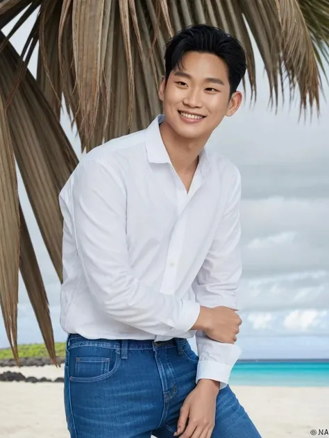 (Create a masterpiece: 1.2),(CGI art:1.3),(realistic:1.5),(After processing:1.3), (Sharp focus:1.3), 1 man sitting on a chair, open mouth, smile, (T-shirt without logo:1.5), Navy cargo pants, Korean guy , korean men, (High gloss details), chest muscles, large arm muscles, blood vessel, Big muscles, Broad shoulders, looking at the audience, Balancing the eyes, seaside beach sunshine looking at the sea