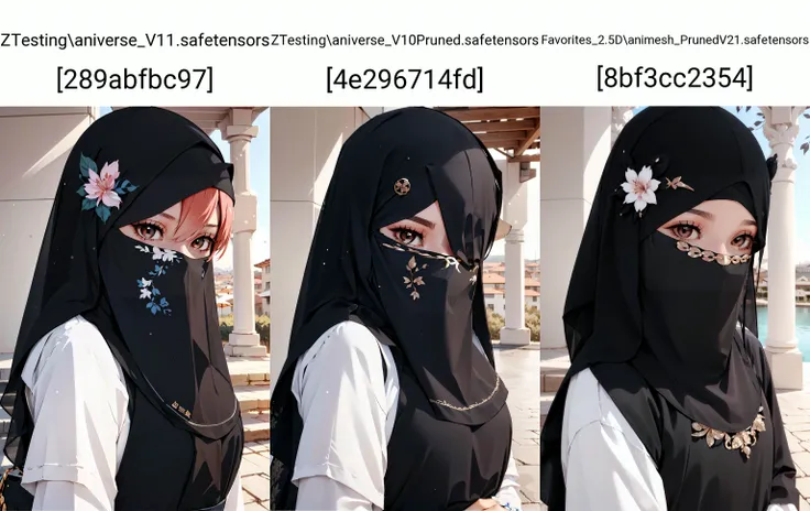 (masterpiece, best quality), intricate details,
1girl, <lora:Ram_Rem_v1:0.8> ramchi, hair over one eye,
<lora:Hijab with mask veil:0.8> hijab, mask veil,