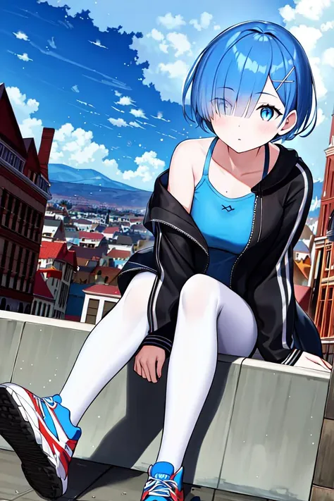((ultra-detailed)), ((illustration)), finely detail, best_shadows,
<lora:Oni_Sisters_v2:0.7>,
1girl, solo, remrin, blue eyes, blue hair,
white crop top, shorts, black_pantyhose, pantyhose,blue_sneakers, sneakers,
looking at viewer,
scenery, outdoors, city, street, sidewalk, building,, weird atmosphere, (best quality:1.1), (masterpiece:1.2), high quality shadow, beautiful detailed, (high detailed skin, skin details), (wide_landscape, 8k), beautiful face, detailed eyes, depth of field, dramatic light, best quality, highres, best shadow, best illumination,