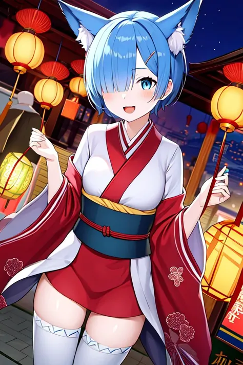 ((ultra-detailed)), ((illustration)), finely detail, best_shadows, 
<lora:Oni_Sisters_v2:0.75>, 
1girl, solo,  remrin, blue eyes, blue hair, 
hair over one eye, short hair,  hair tie, 
fox ears, fox tail, fox girl, kimono, white kimono, white legwear,
smile, open mouth, 
scenery, festival, lantern, building, firecrackers, east asian architecture, booth, dumpling booth, lunar new year, chinese new year, bust_street,, weird atmosphere, (best quality:1.1), (masterpiece:1.2), high quality shadow, beautiful detailed, (high detailed skin, skin details), (wide_landscape, 8k), beautiful face, detailed eyes, depth of field, dramatic light, best quality, highres, best shadow, best illumination,