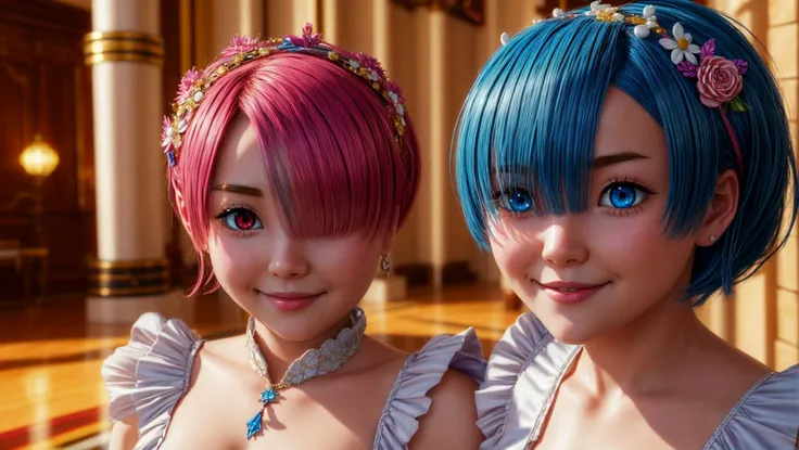 (((2girls))), ramchi, remrin, ((maid)), looking at viewer, blue eyes, blue hair, (((pink eyes, red eyes))), pink hair, BREAK,
dancing, happy, smile, <lora:Oni Sisters Ram & Rem - rezero:0.8> <lora:add_detail:1>, masterpiece, best quality, hyperrealistic, extremely detailed, highly quality, 4k, sharp focus, professional photograph, sharp focus, award winning, cinematic lighting, octane render, unreal engine, volumetrics dtx, Wallpaper,
