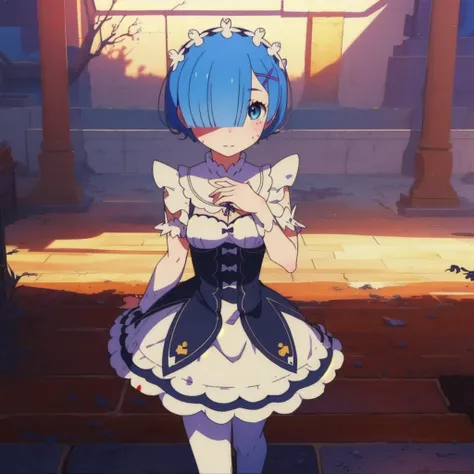 masterpiece, best quality, ultra-detailed, illustration, epic lighting, cinematic composition, <lora:Oni_Sisters_v2-000026:0.9> 1girl, rem_re_zero, cute, lustrous skin, enchanting gaze, blue hair, short hair, (hair over one eye:1.3), blue eyes, roswaal mansion maid uniform, apron, (white pantyhose:1.2), walking:1.1, looking at viewer, smile, (shaded face, shadows cast over face:1.3), death, destruction, epic, cinematic, dramatic, reflective, shining, purple glow, blood, bloodsplatter, blood on face, (8k:1.2) Aissist-neg
