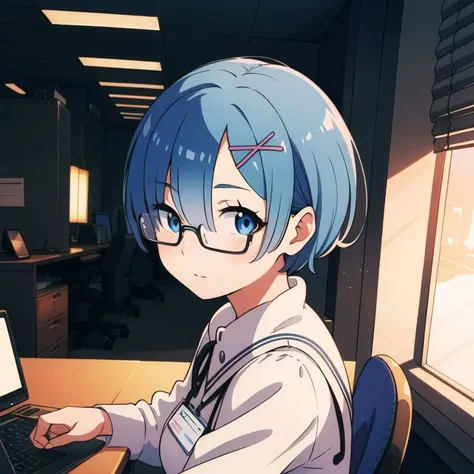 ((ultra-detailed)), ((illustration)), finely detail, best_shadows, <lora:Oni_Sisters_v2:0.9>, remrin, blue eyes, blue hair, hair tie, name tag, glasses, white shirt, office lady, miniskirt, black_pantyhose, belt, skindentation, looking at viewer, indoors, desk, office chair, office_desk, computer,, weird atmosphere, (best quality:1.1), (masterpiece:1.2), high quality shadow, beautiful detailed, (high detailed skin, skin details), (wide_landscape, 8k), beautiful face, detailed eyes, depth of field, dramatic light, best quality, highres, best shadow, best illumination,  <lora:GoodHands-beta2:0.8>