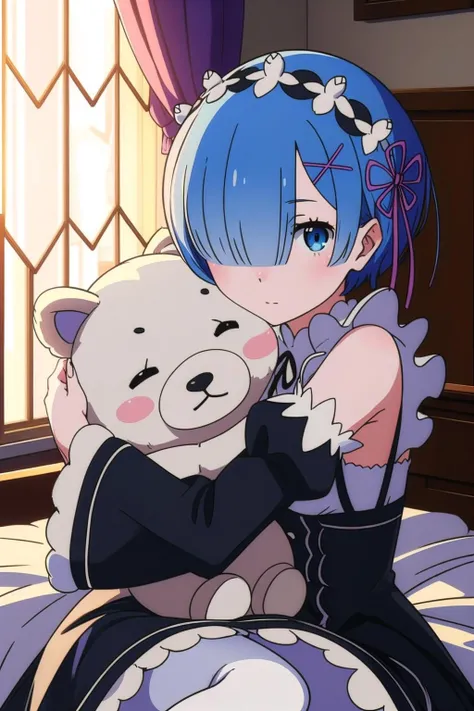 ((best quality)), ((masterpiece)), (detailed), <lora:Oni_Sisters_v2-000026:0.9>, remrin, (hair over one eye:1.1), (hair over one eye:1.1), maid, purple ribbon, maid headdress, roswaal mansion maid uniform, white apron, detached sleeves, white pantyhose, sitting, hug, stuffed animal, looking at viewer, bed, mansion