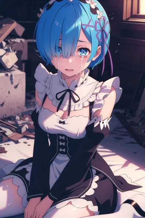 (masterpiece, best quality ) full body shot, rem from rezero, blue short hair, (wrists chained ) maid costume, blue eyes, sitting on a window sill with a black bra and cuffs, wrapped in leather straps, leather cuffs around wrists, restrained, harnesses and garters, handcuffed, handcuffs,  dominant pose, sexy dominant pose, hands above her head, wrists chained to the ceiling, blushing