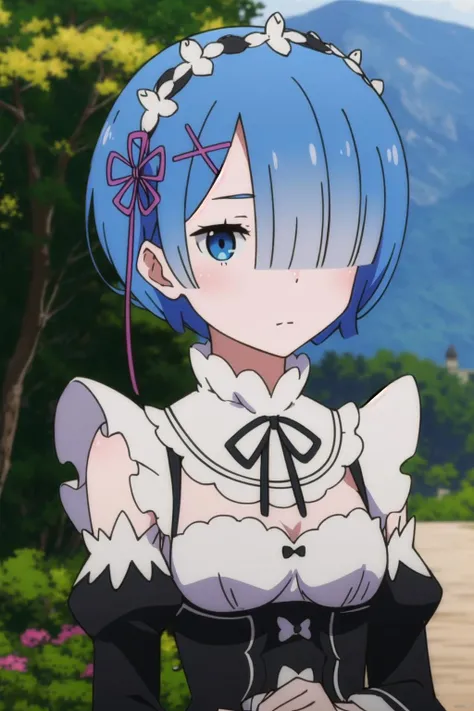 anime, hdr, soft light, ((best quality)), ((masterpiece)), (detailed), <lora:Oni_Sisters_v2-000026:0.9>, remrin, (hair over one eye:1.1), maid, purple ribbon, maid headdress, roswaal mansion maid uniform, white apron, detached sleeves, white pantyhose, upper body, looking at viewer, garden, mountain