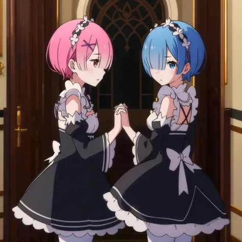 anime, hdr, soft light, ((best quality)), ((masterpiece)), (detailed), <lora:Oni_Sisters_v2-000026:0.9>, (2girls:1.2), (remrin:0.9), ramchi, (hair over one eye:1.1), (blue eyes:0.8), blue hair, (hair over one eye:1.1), maid, purple ribbon, maid headdress, roswaal mansion maid uniform, detached sleeves, white pantyhose, holding hands, looking at viewer, (cowboy shot:1.1), from side, scared, indoors, mansion
