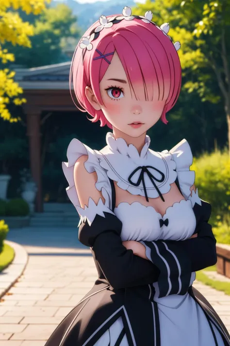 masterpiece, best quality, (colorful), (delicate eyes and face), volumetric light, ray tracing, extremely detailed CG unity 8k wallpaper, <lora:Oni_Sisters_v2-000026:0.9>, ramchi, red eyes, pink hair, hair over one eye, maid, purple ribbon, maid headdress, roswaal mansion maid uniform, detached sleeves, white pantyhose, crossed arms, disgust, looking at viewer, cowboy shot, outdoors, village, nature
