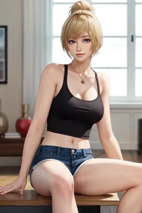 <lora:doa_yukino:0.7> yukino, tank top, shorts, indoors, sitting, beautiful, best quality