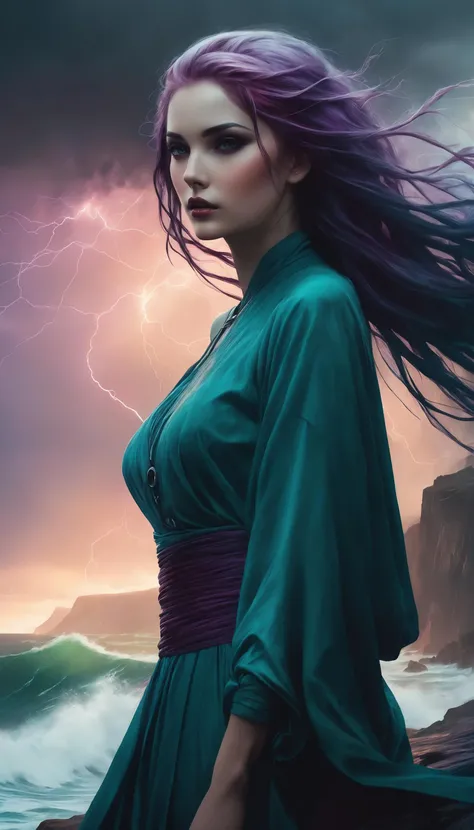 <lora:merge-v1.1-by_random_maxx:1.25> fantasy style, (gerald brom:1.1), (anna dittmann:1.4), (beeple:1.2), amidst the chaos of a thunderstorm, medium portrait of a stunningly beautiful young woman with very long windswept multicolored teal and purple hair watching the turbulent sea from a rocky cliff, detailed translucent costume, ethereal beauty, chiaroscuro, dramatic sky, lightning, rule of thirds