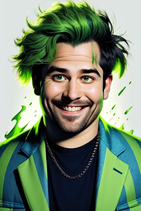 Niji Slime, looking at viewer, smile, shirt, 1boy, jewelry, jacket, male focus, necklace, glowing, facial hair, chain, facial mark, border, portrait, beard, green jacket, undercut <lora:Niji_Slime:1>