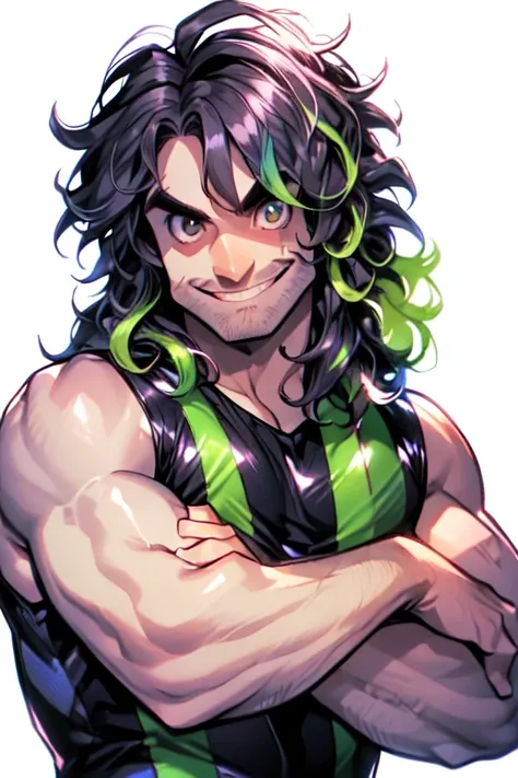 Niji Slime, long hair, looking at viewer, smile, black hair, 1boy, bare shoulders, upper body, male focus, multicolored hair, sleeveless, grin, muscular, facial hair, wavy hair, thick eyebrows, messy hair, beard, stubble, animification <lora:Niji_Slime:1>