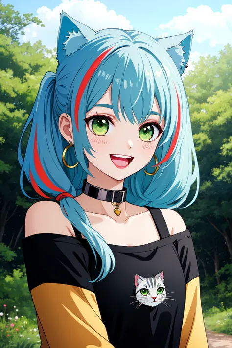 Niji Slime, 1girl, :d, animal ears, animal print, bare shoulders, blush, cat ears, choker, collar, earrings, forest, green eyes, green hair, jewelry, long hair, looking at viewer, multicolored hair, nature, off shoulder, off-shoulder shirt, open mouth, orange hair, outdoors, shirt, smile, solo, streaked hair, teeth, tree, twintails, upper body<lora:NijiSlimeV2:0.5>