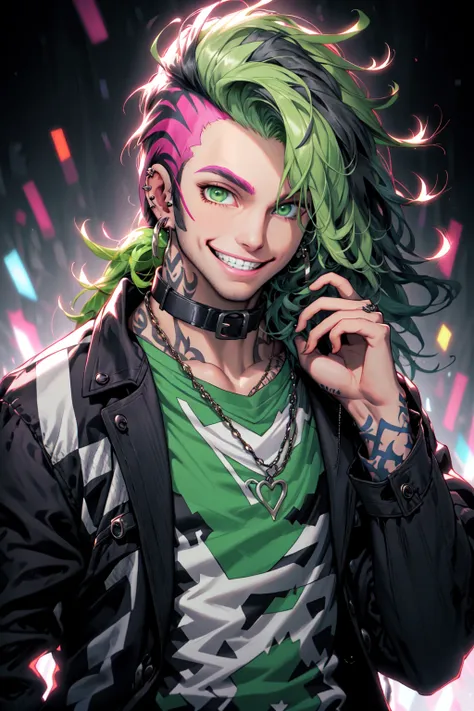 <lora:NijiSlimeV2:0.8> Niji Slime, 1boy, black jacket, chain, checkered clothes, collar, ear piercing, earrings, green eyes, green hair, grin, hand up, jacket, jewelry, long hair, long sleeves, looking at viewer, male focus, messy hair, open clothes, piercing, pink shirt, shirt, smile, solo, tattoo, teeth, upper body