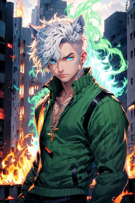 Niji Slime, 1boy, animal ears, blue eyes, green fire, green theme, building, closed mouth, fire, glowing, jacket, jewelry, looking at viewer, male focus, necklace, outdoors, serious, shirt, short hair, solo, sweater, tattoo, torn clothes, upper body, white hair, <lora:NijiSlimeV2:0.8>