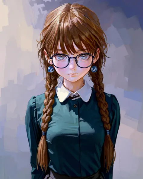 masterpiece,best quality,4K,8K,teenage,oil painting \(medium\),fkey70,
1girl,solo,arm behind back,arms at sides,looking at viewer,
standing,brown hair,
braids,earrings,blue eyes,glasses,
collared shirt,long sleeves,black skirt,
simple background,
upper body,