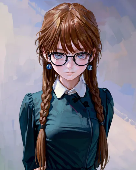 masterpiece,best quality,4K,8K,teenage,oil painting \(medium\),fkey70,
1girl,solo,arm behind back,arms at sides,looking at viewer,
standing,brown hair,
braids,earrings,blue eyes,glasses,
collared shirt,long sleeves,black skirt,
simple background,
upper body,