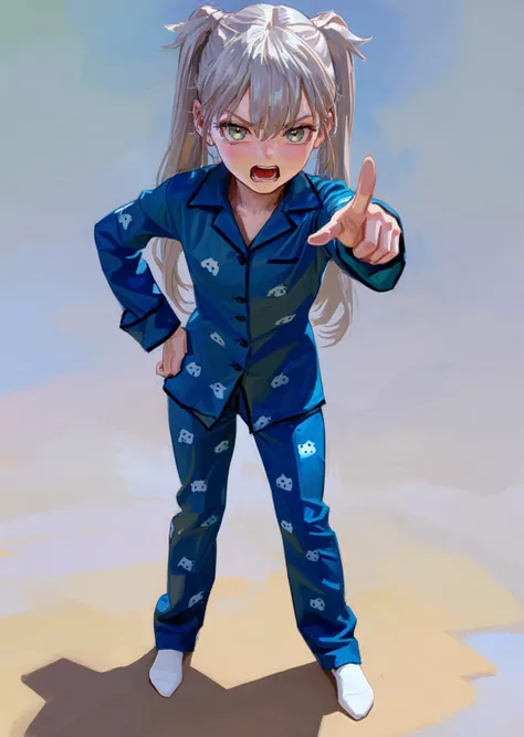 masterpiece,best quality,4K,8K,teenage,oil painting \(medium\),fkey70,
1girl,solo,hand on hip,looking_up,looking to the side,
standing,pointing at viewer,
grey hair,two side up,
green eyes,
blue print pajamas,
white socks,no shoes,
simple background,
full body,