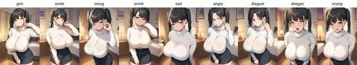 score_9, score_8_up, score_7_up, source_anime, 1girl,blue eyes,twintails, black hair, turtleneck sweater, white sweater, black skirt, grin,looking at viewer, from front, bedroom, standing, huge breasts <lora:Tokei-usagi-PonyXL-Dora-000047:1>