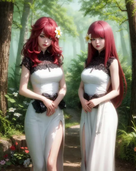 masterpiece, UHD, hires, high quality, best quality, devola popola, hair ornament, (red hair:1.3), (2girls:1.4), perfect face, standing next to each other, flower, hair flower, dress, white dress, forest, detailed background, <lora:devolaAndPopolaNier_v10:0.8>