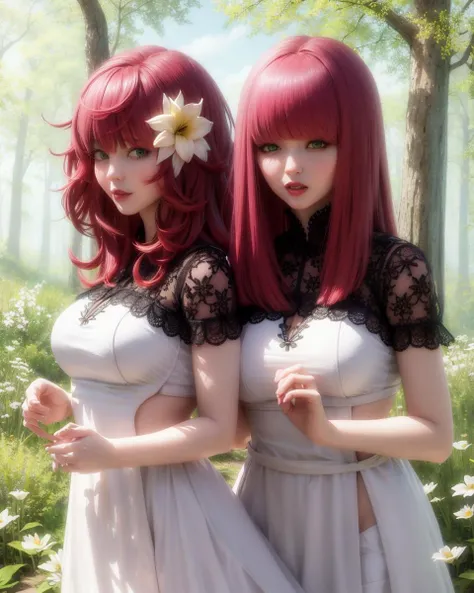 masterpiece, UHD, hires, high quality, best quality, devola popola, hair ornament, (red hair:1.3), (2girls:1.4), perfect face, standing next to each other, flower, hair flower, dress, white dress, forest, detailed background, <lora:devolaAndPopolaNier_v10:0.8>